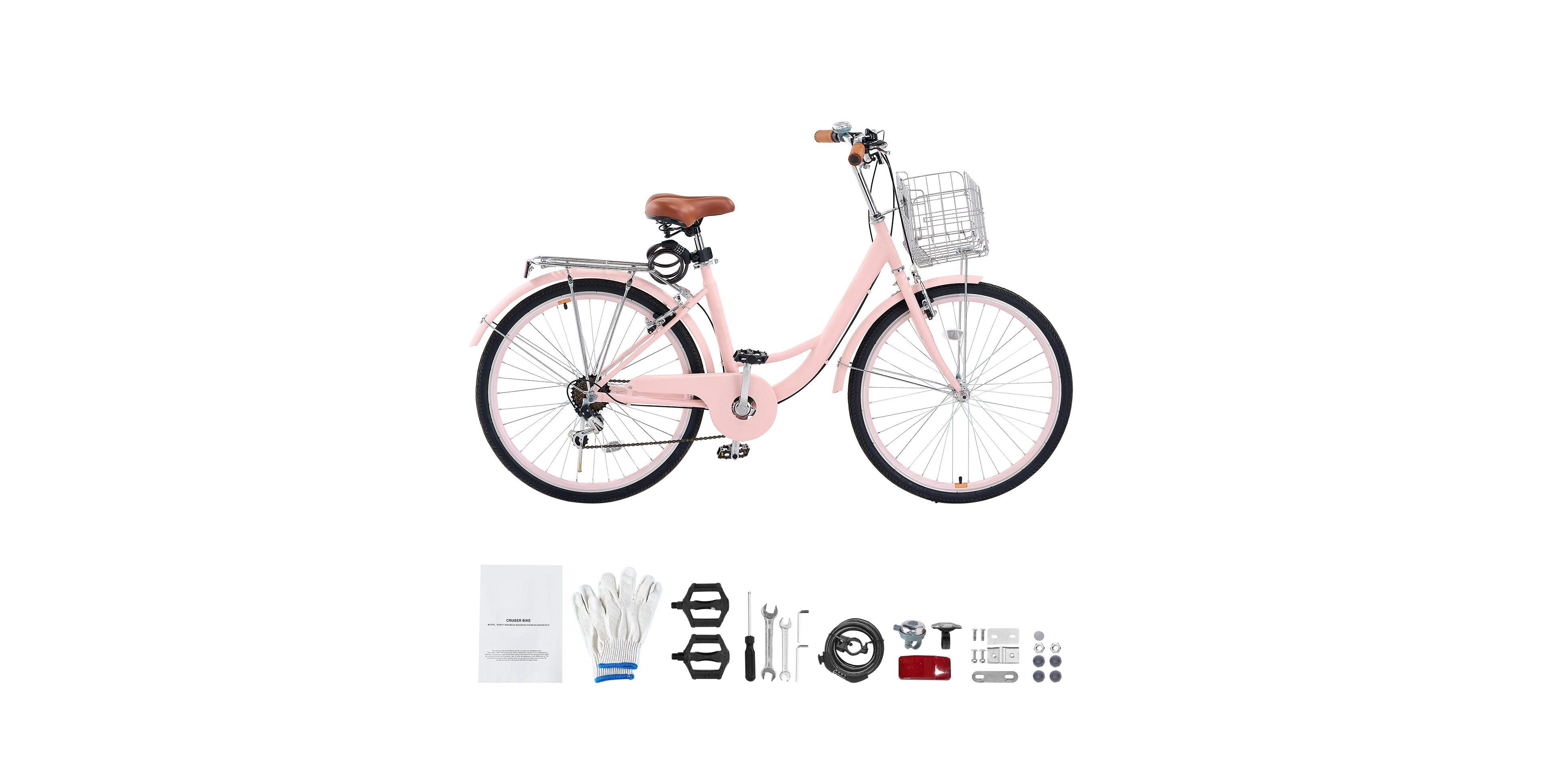 Sugift 26-Inch Beach Cruiser Bike with 7-Speed, Basket and Rear Rack