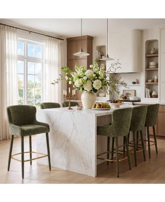 Maison Counter Height Set of 6 Chenille Upholstered Gold-Tone Footrest Wingback Bar Stools