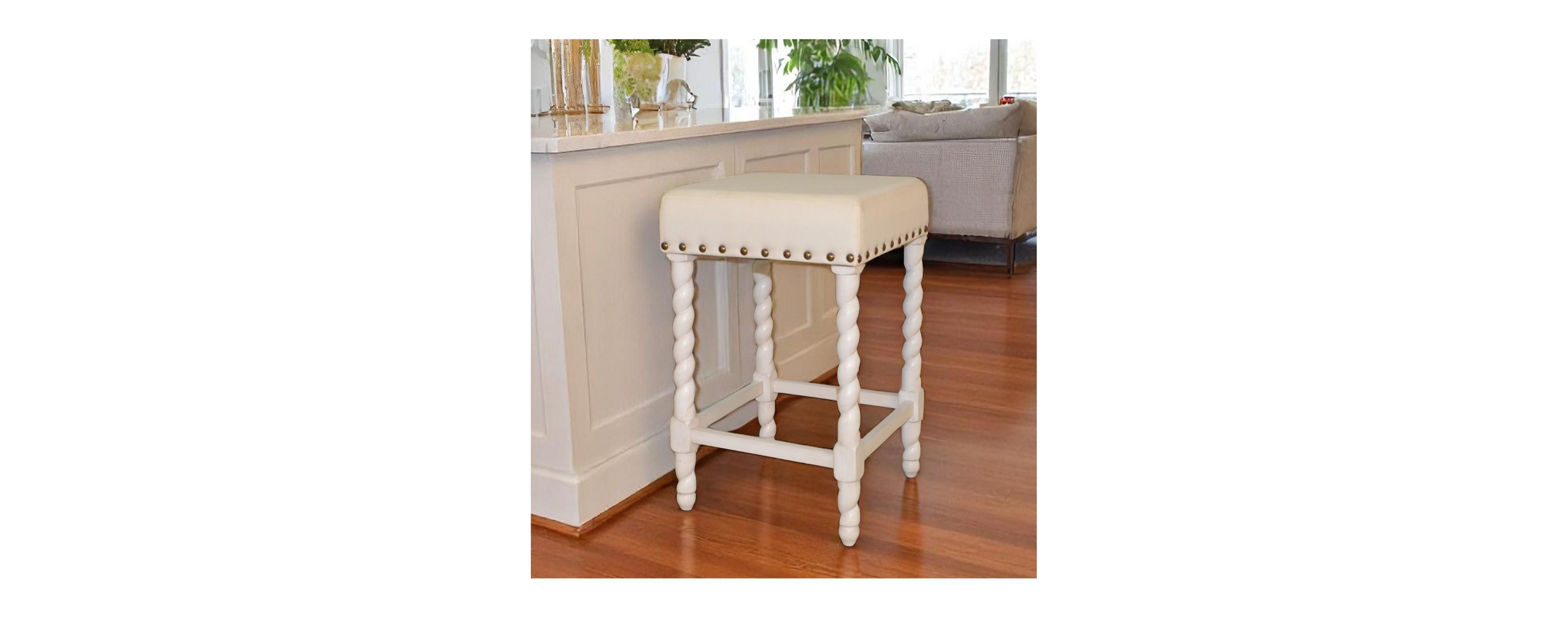 HomeRoots 24" Cream Fabric And Solid Wood Backless Counter Height Bar Chair