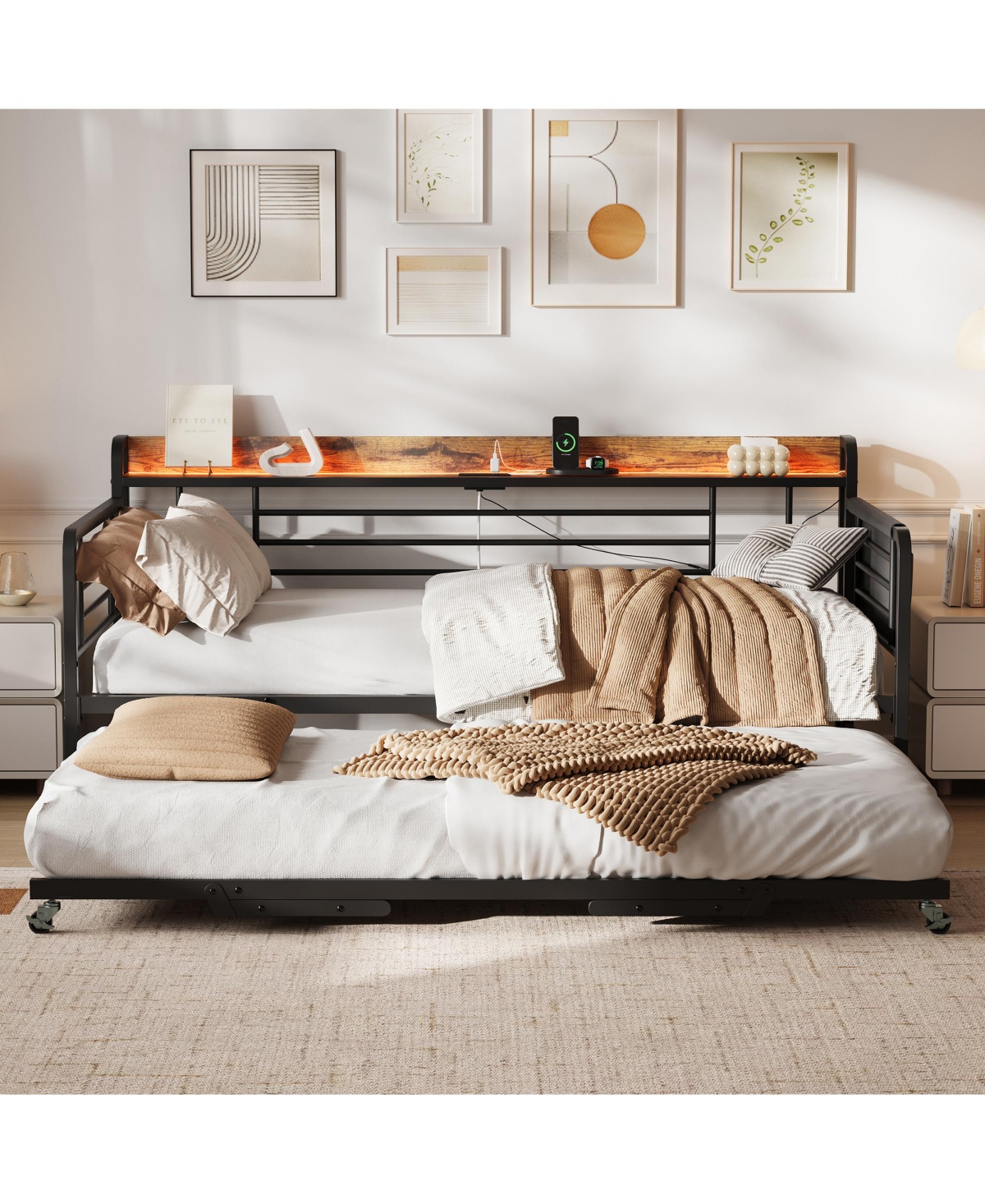 homfan Industrial Metal Daybed with Trundle, Sofa Bed Built-In Charging Shelf and Slats for Guest Room Bedroom