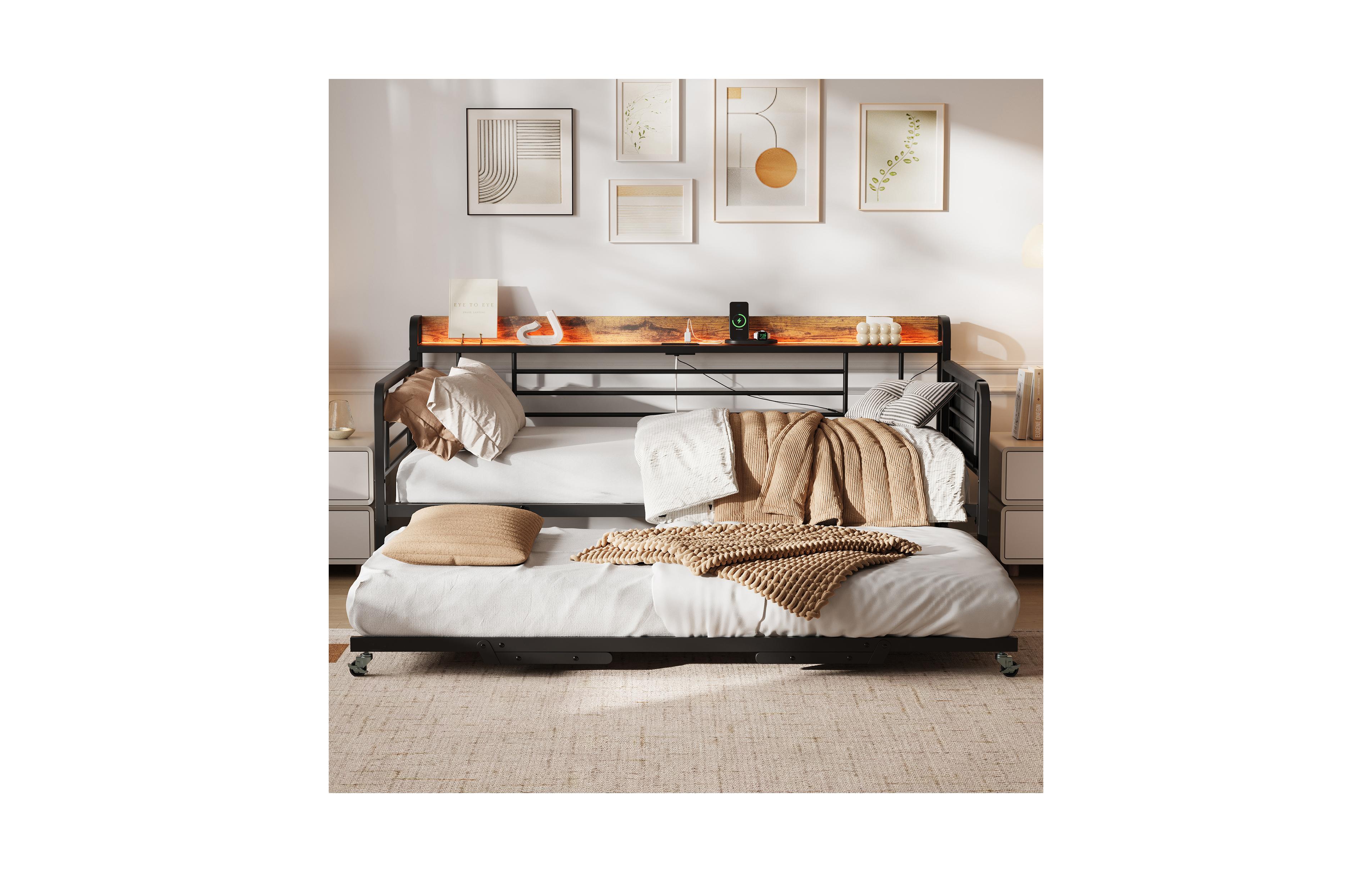 homfan Industrial Metal Daybed with Trundle, Sofa Bed Built-In Charging Shelf and Slats for Guest Room Bedroom