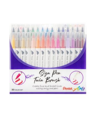Arts Sign Pen Twin Brush, 30-Pack, Assorted Ink Colors, Plastic Box