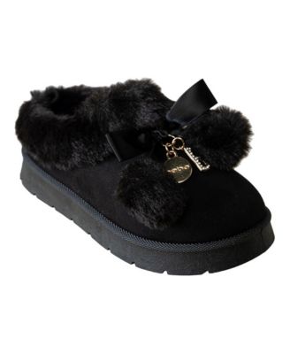 Little Girls' Faux Fur Pom-Bow Slippers