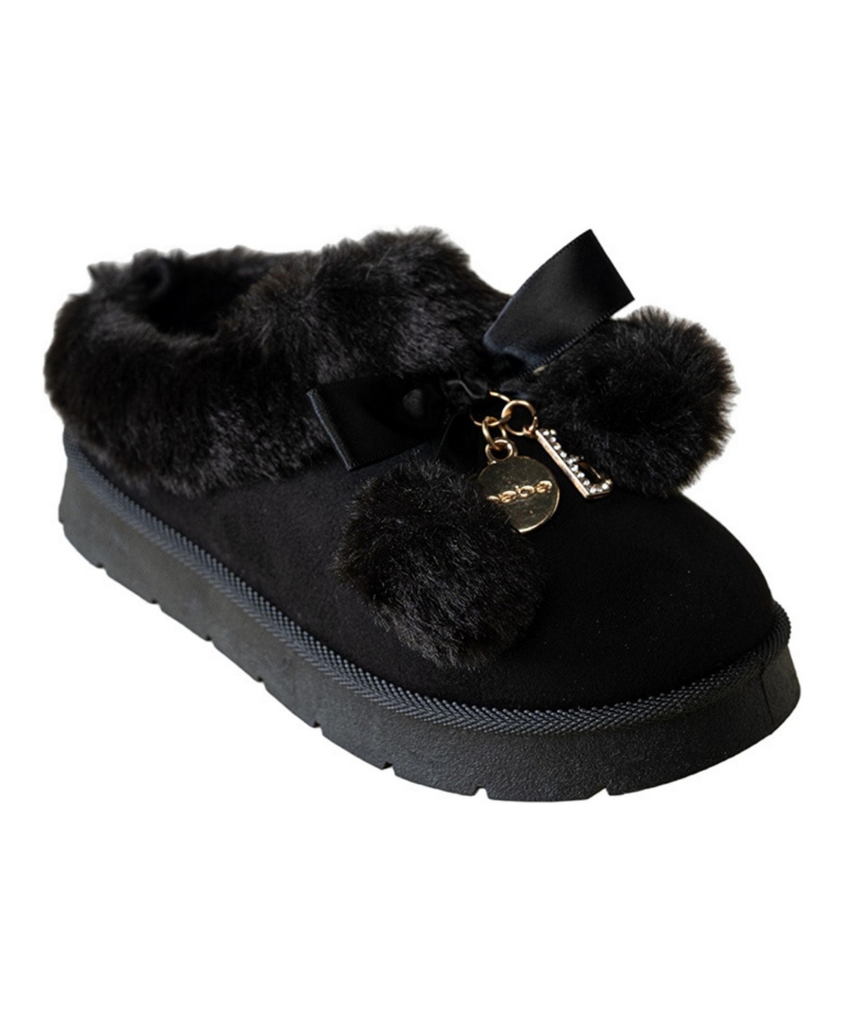 Bebe Little Girls' Faux Fur Pom-Bow Slippers - Black