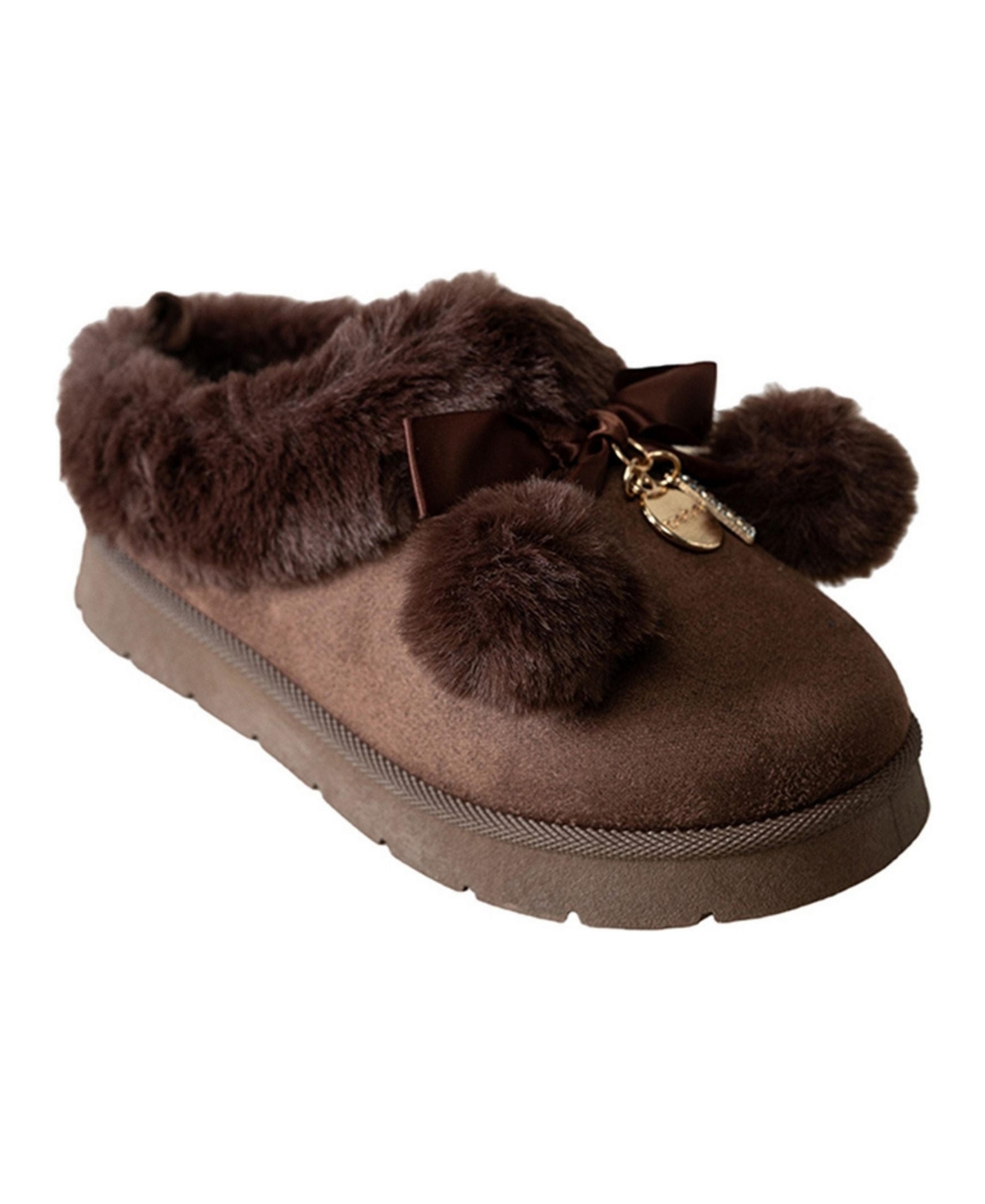 Bebe Little Girls' Faux Fur Pom-Bow Slippers - Chocolate
