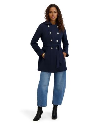 Women's Double-Breasted Softshell Coat With Hood and Self-Tie Belt
