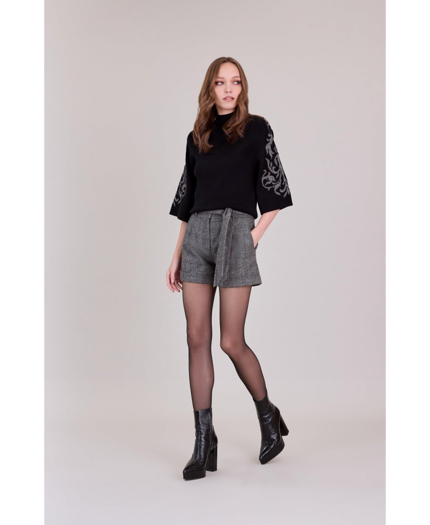 Женский свитер Anne Fontaine Geri Mock-Neck Bell-Sleeve Plaid-Applique Pullover, цвет: Чёрный — фото 4
