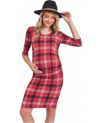 Maternity Bodycon Plaid 3/4-Sleeve Dress