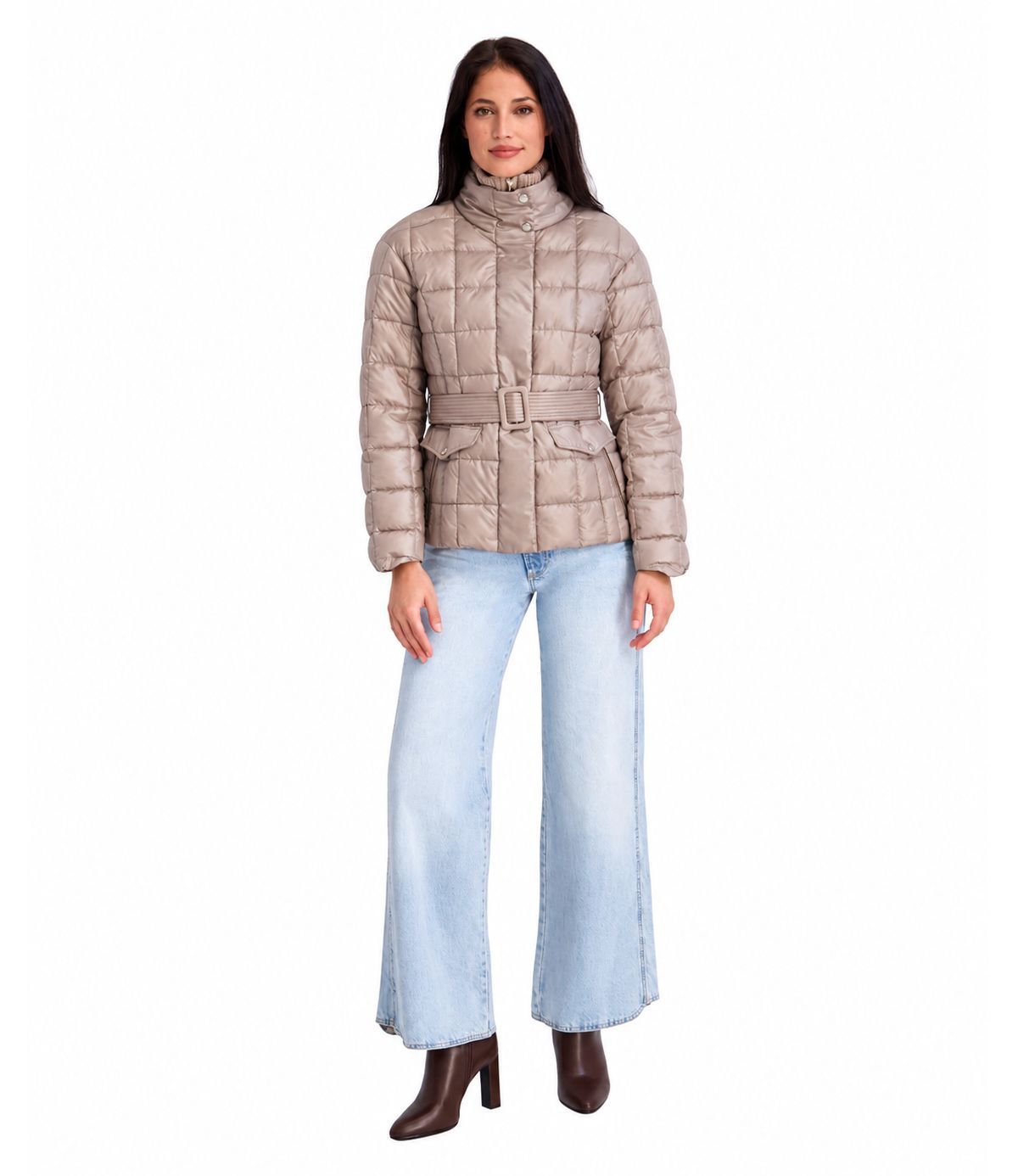 Kensie Women's Quilted Funnel-Neck Puffer Jacket - Champagne