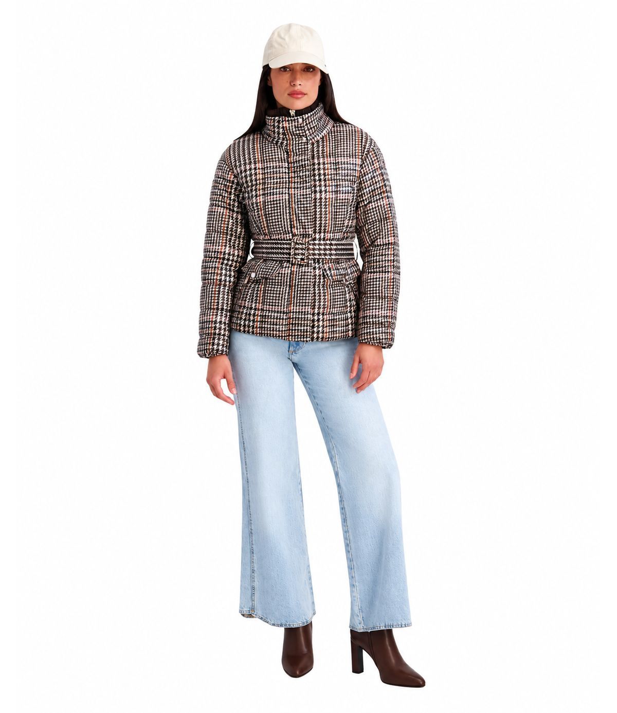 Kensie Women's Quilted Funnel-Neck Puffer Jacket - Brown multi