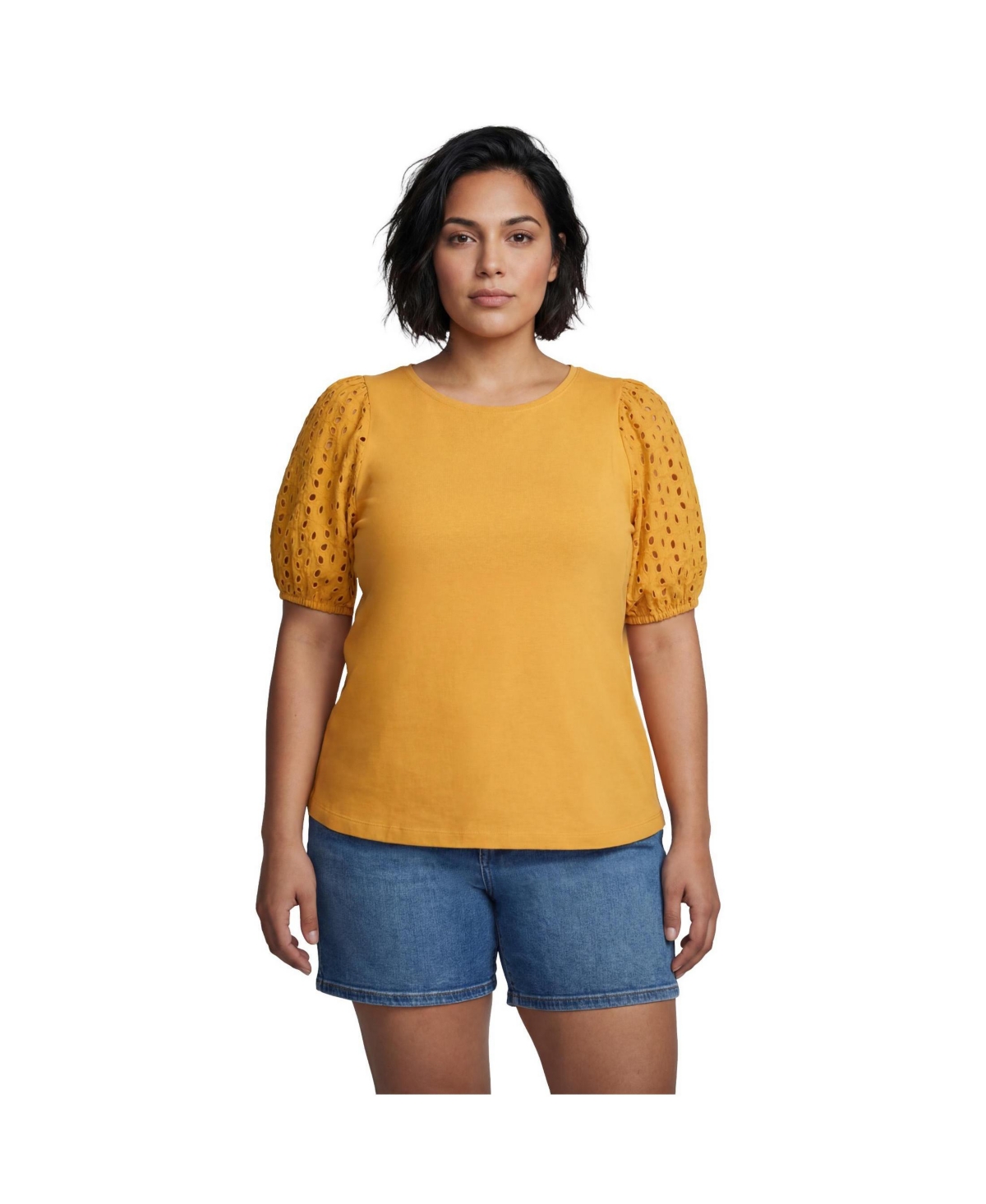 Avenue Plus Size Eyelet Balloon-Sleeve Tee - Sunset yellow