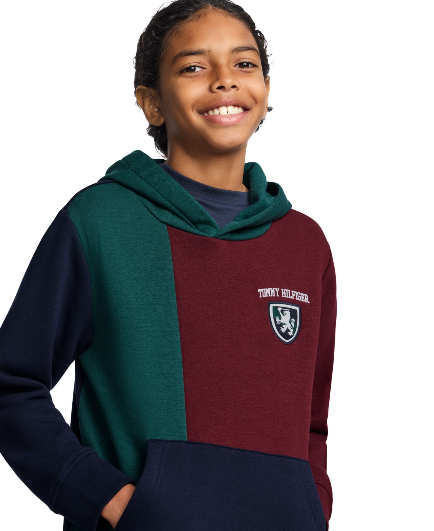 Худи Tommy Hilfiger Griffin Badge Colorblock Kangaroo Pocket Pullover для мальчиков, цвет: June Bug — фото 3
