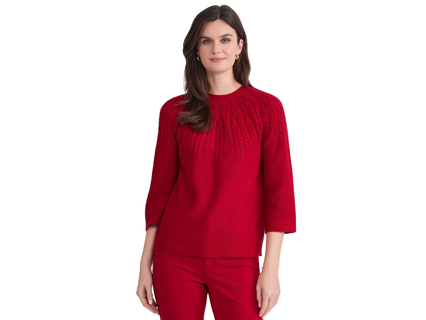 Женский свитер Jones New York Cable-Knit 3/4-Sleeve Raglan Crewneck Pullover, цвет: Красный — фото 1
