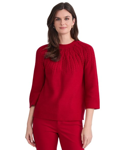 Женский свитер Jones New York Cable-Knit 3/4-Sleeve Raglan Crewneck Pullover, цвет: Красный