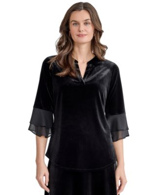 Women's 3/4 Sleeve Velvet Split Neck Flutter Sleeve Top