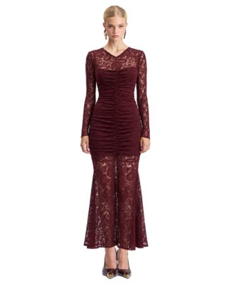 Women's Stretch Lace V-Neck Long-Sleeve Maxi Dress