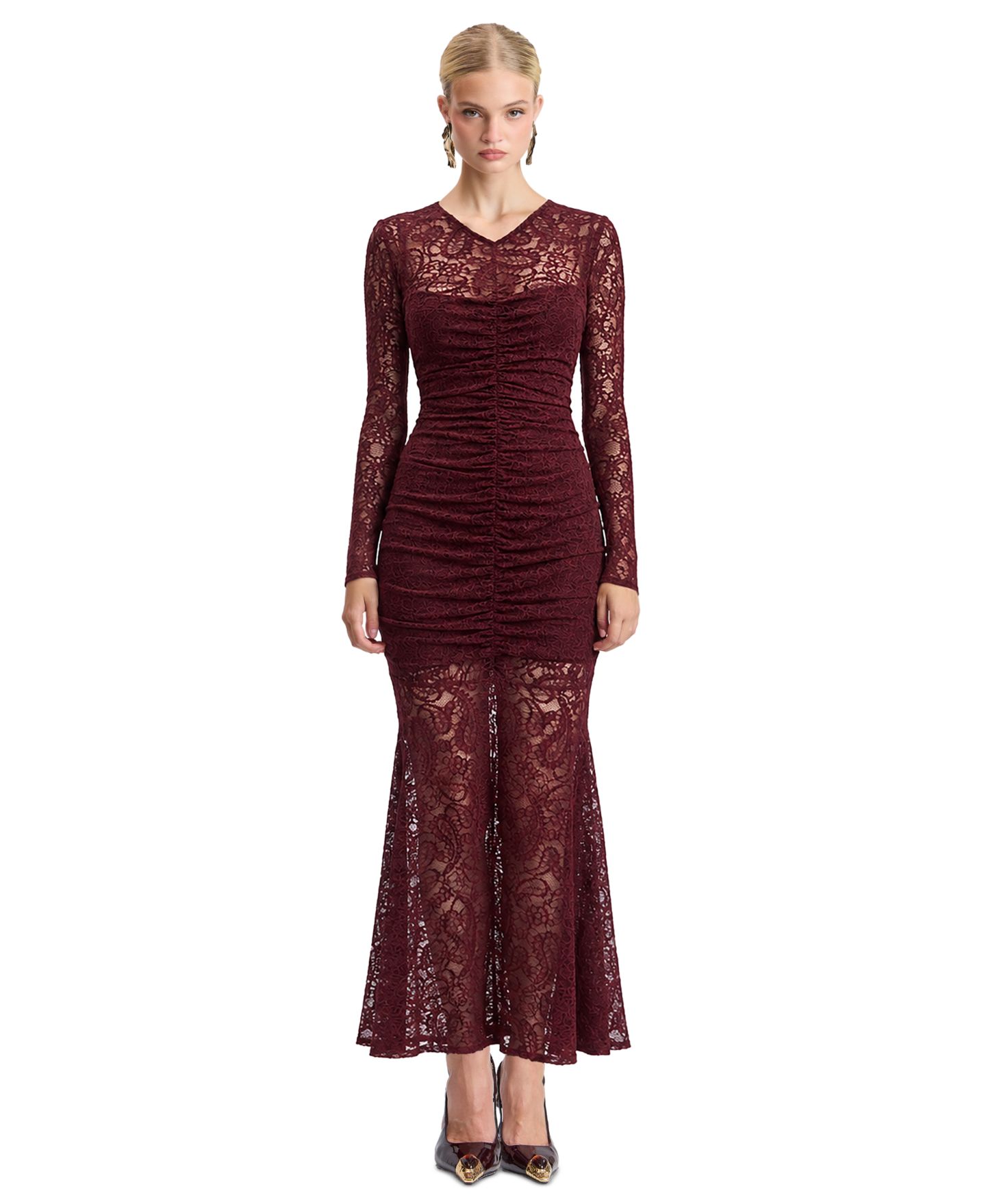 Женское платье Avec Les Filles Stretch Lace V-Neck Long-Sleeve Maxi, цвет: Винный — фото 1