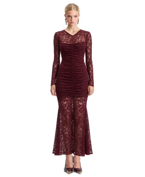Женское платье Avec Les Filles Stretch Lace V-Neck Long-Sleeve Maxi, цвет: Винный