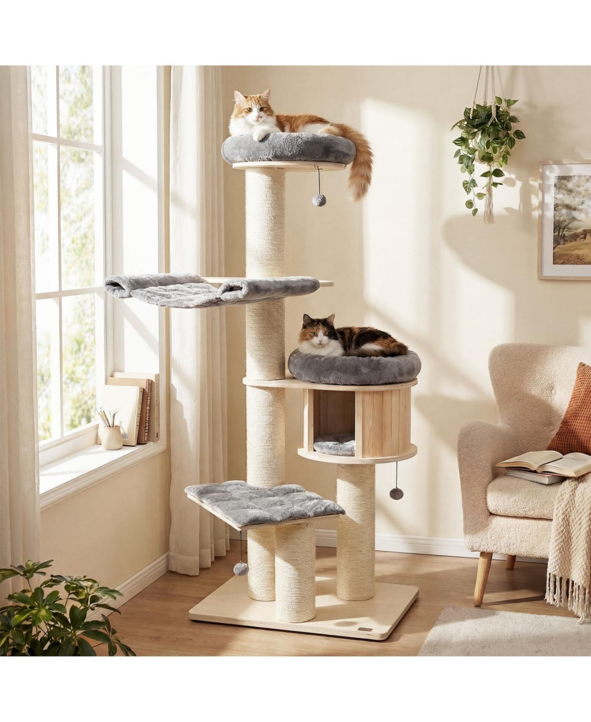 Zeny 68.5in Wooden Cat Tree Condo Activity Tower with Sisal Posts