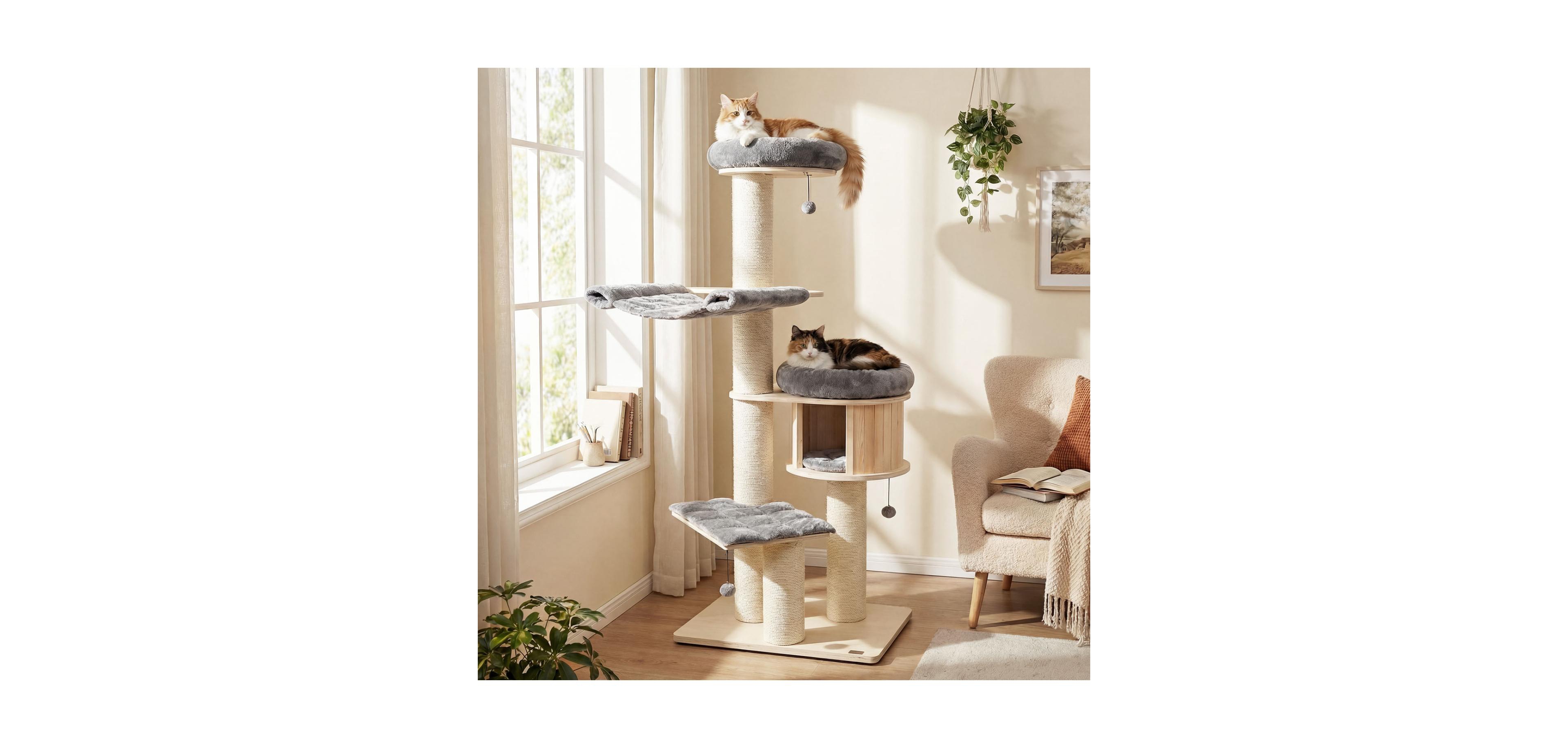 Zeny 68.5in Wooden Cat Tree Condo Activity Tower with Sisal Posts