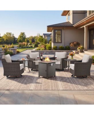 Horiz 7-Piece Patio Swivel Rocking Chair Set with 50,000 BTU Fire Pit Table and Glass Side Tables Outdoor Wicker Furniture Set