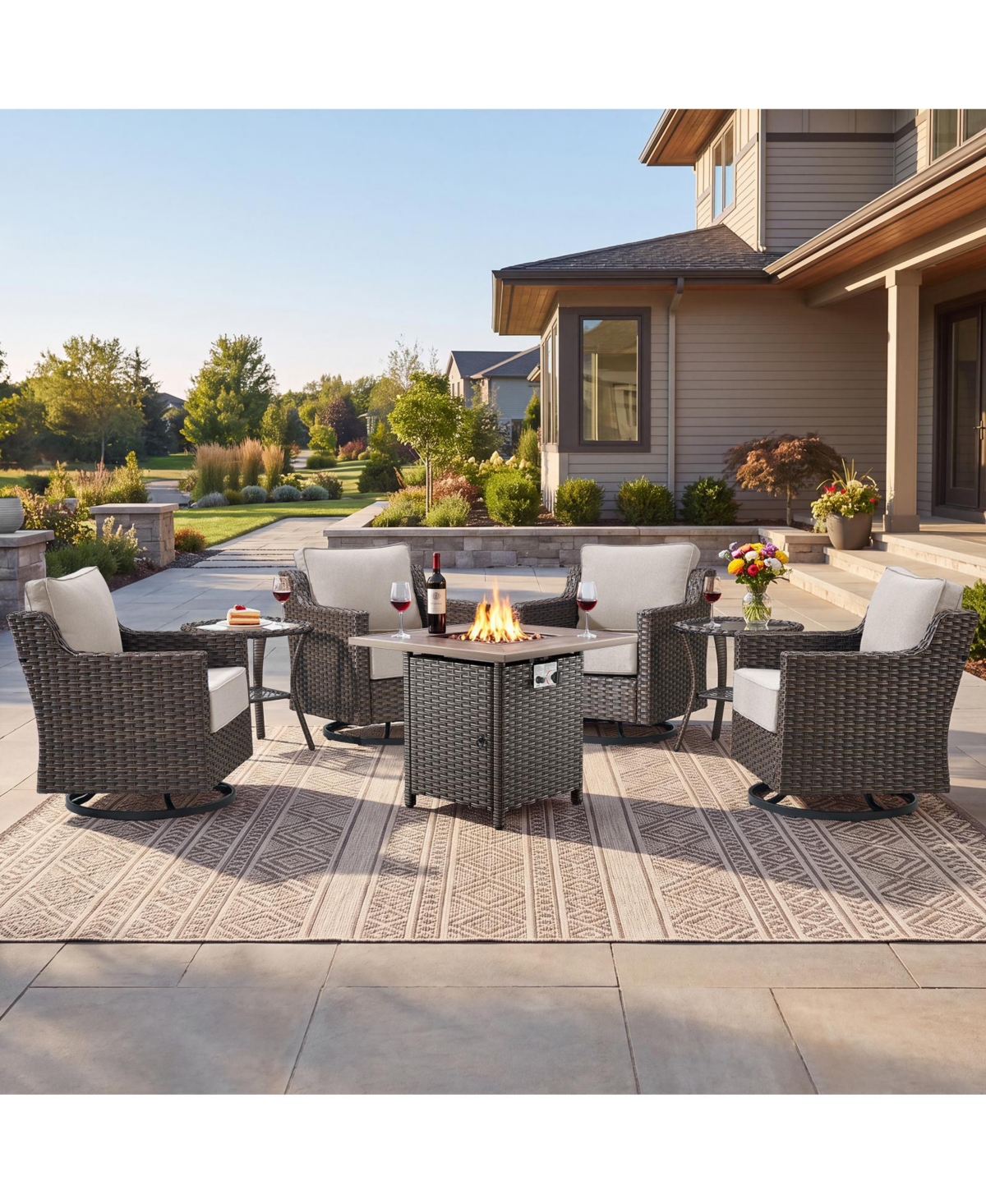 Pocassy Horiz 7-Piece Patio Swivel Rocking Chair Set with 50,000 Btu Fire Pit Table and Glass Side Tables Outdoor Wicker Furniture