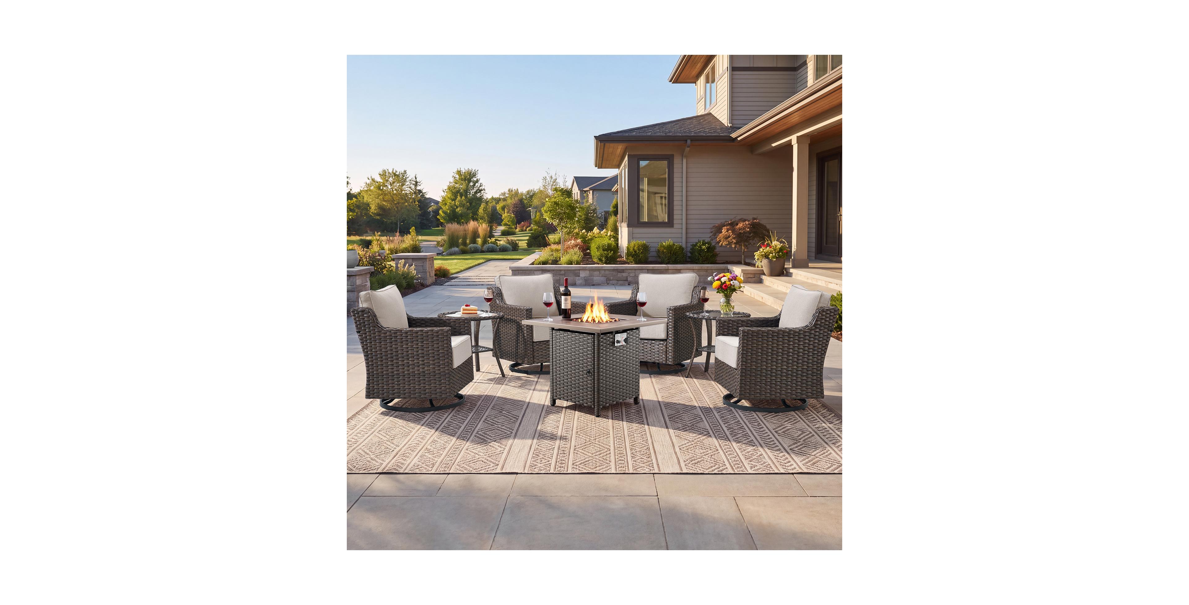 Pocassy Horiz 7-Piece Patio Swivel Rocking Chair Set with 50,000 Btu Fire Pit Table and Glass Side Tables Outdoor Wicker Furniture