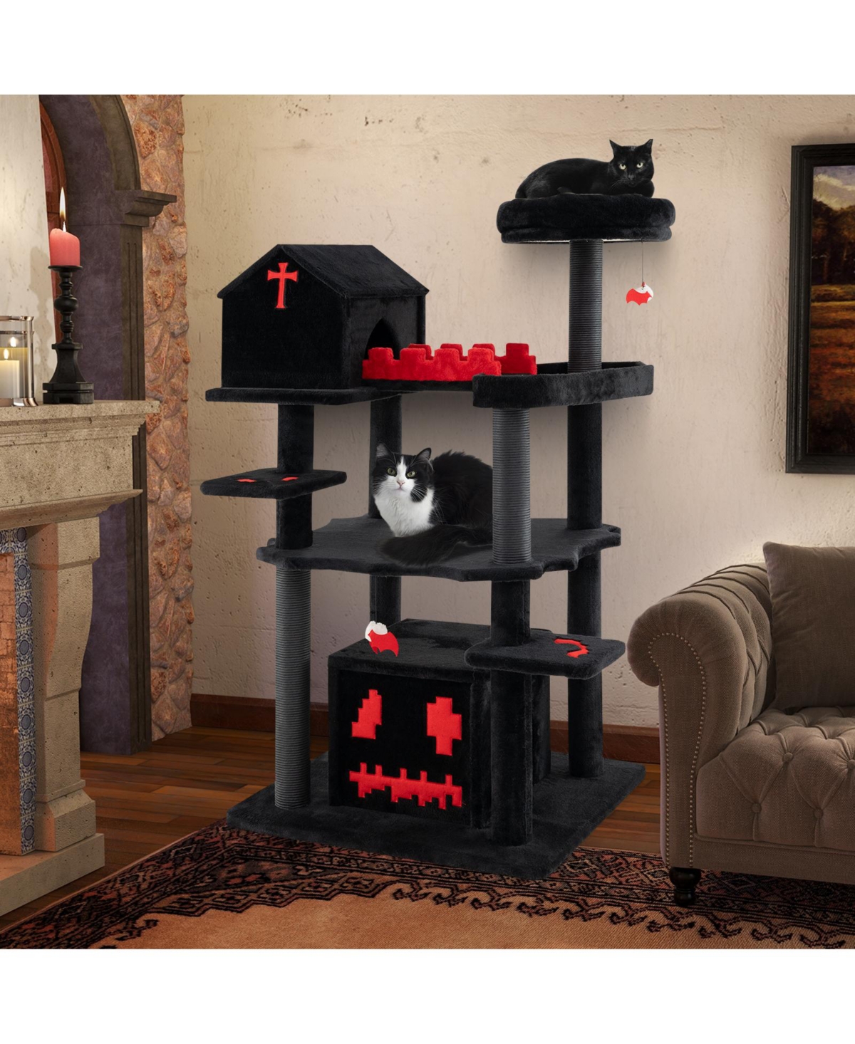 Zeny Gothic Cat Tree 49 Inch 6-Tier Cat Activity Center with Coffin Bed