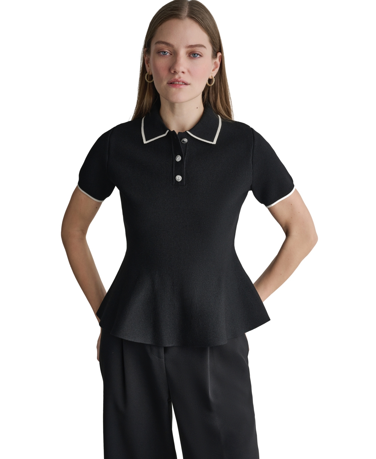 Bcbg Women's Peplum Polo Short-sleeve Top In Black,buttercream