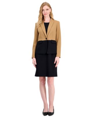 Petite Colorblocked One Button Peplum Empire Seamed Jacket and Dress, 2-Piece Set