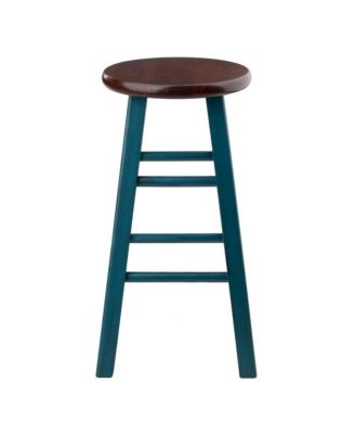 24" Rustic Teal Counter Stool, Round Solid Wood Seat, Fully Assembled