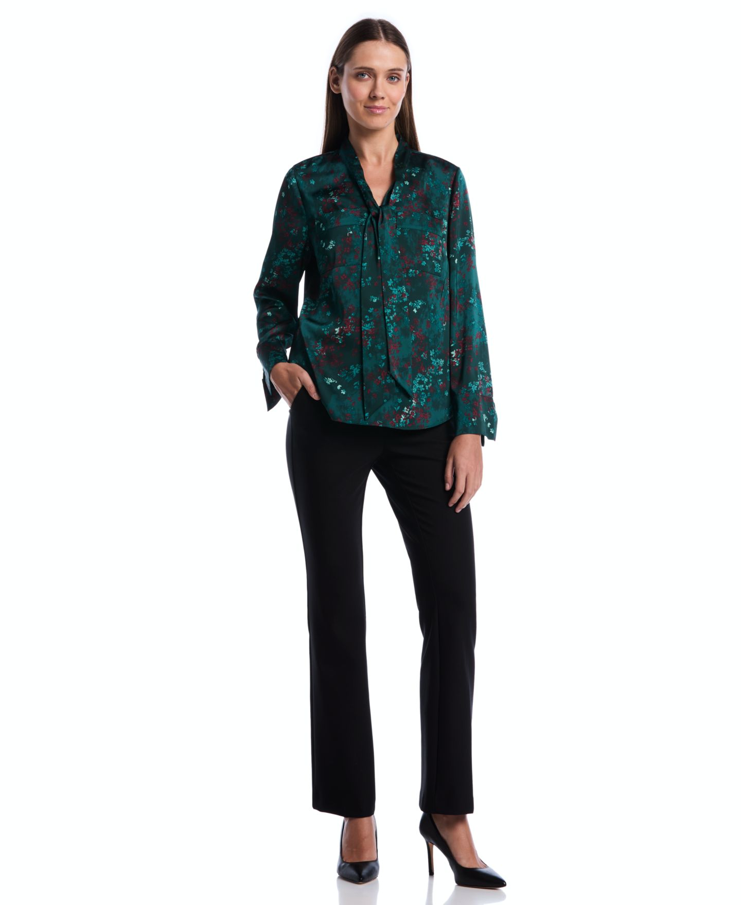 Женская блузка Rafaella Petite Long-Sleeve Floral-Print V-Neck, цвет: Сосновый — фото 2