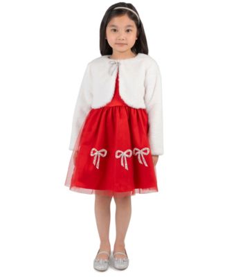 Girls' 2T-6X Holiday Faux-Fur Bow-Accent Dress and Jacket, 2-Piece Set