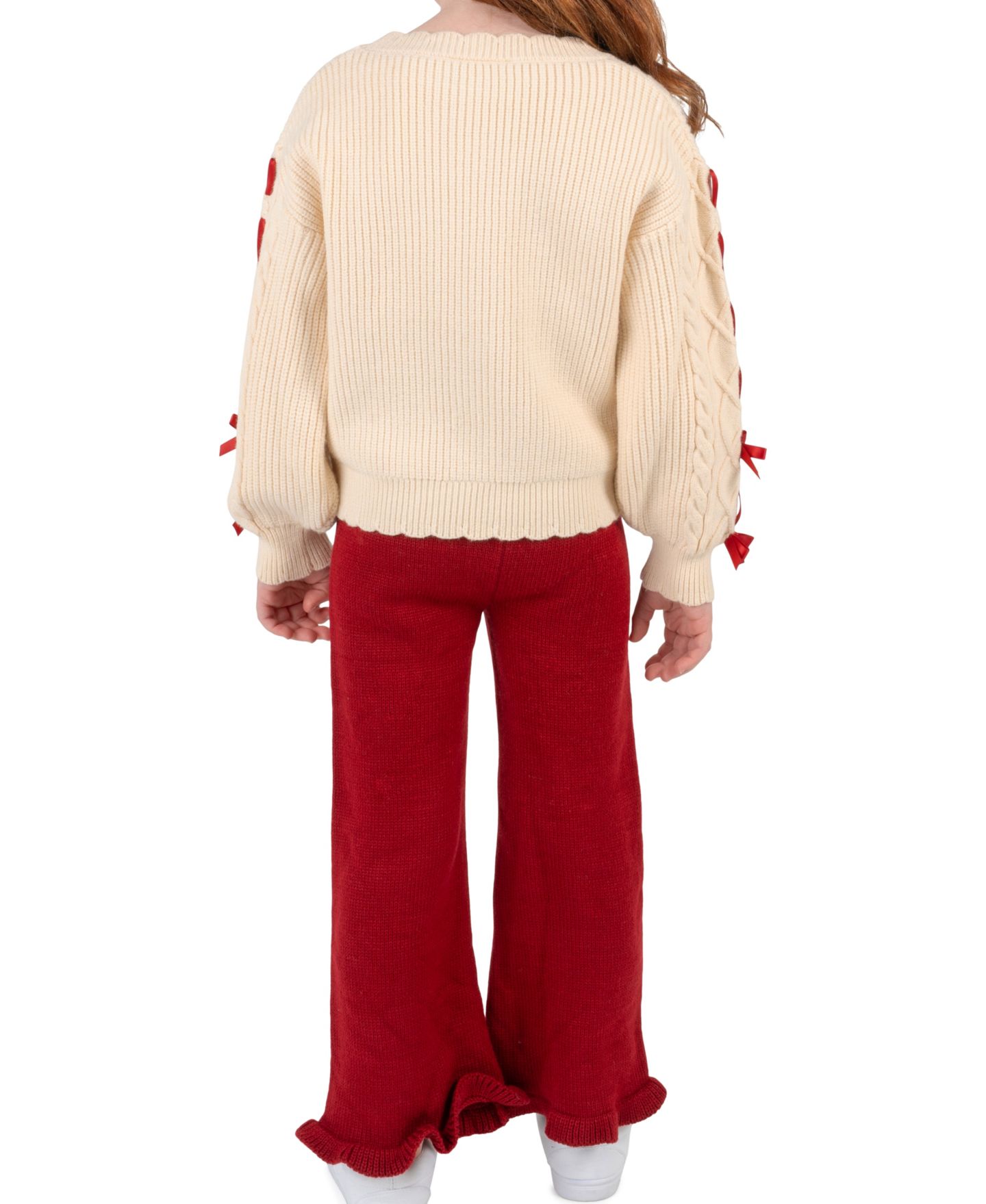 Rare Editions Girls' 2T-6X Cable-Knit Ruffle-Hem Sweater and Leggings, 2-Piece Set, цвет: Светло-коричневый / Красный — фото 2