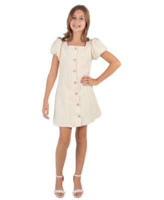 Girls' 7-16 Boucle Puff-Sleeve Square-Neck Dress