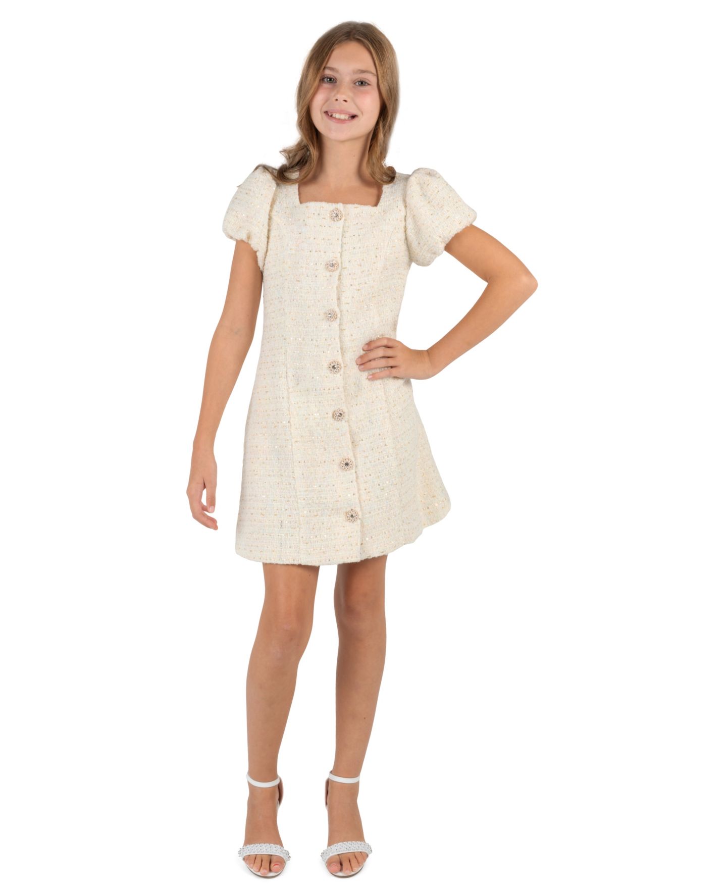 Платье Rare Editions Boucle Puff-Sleeve Square-Neck Dress для девочек, цвет: Слоновая кость — фото 1