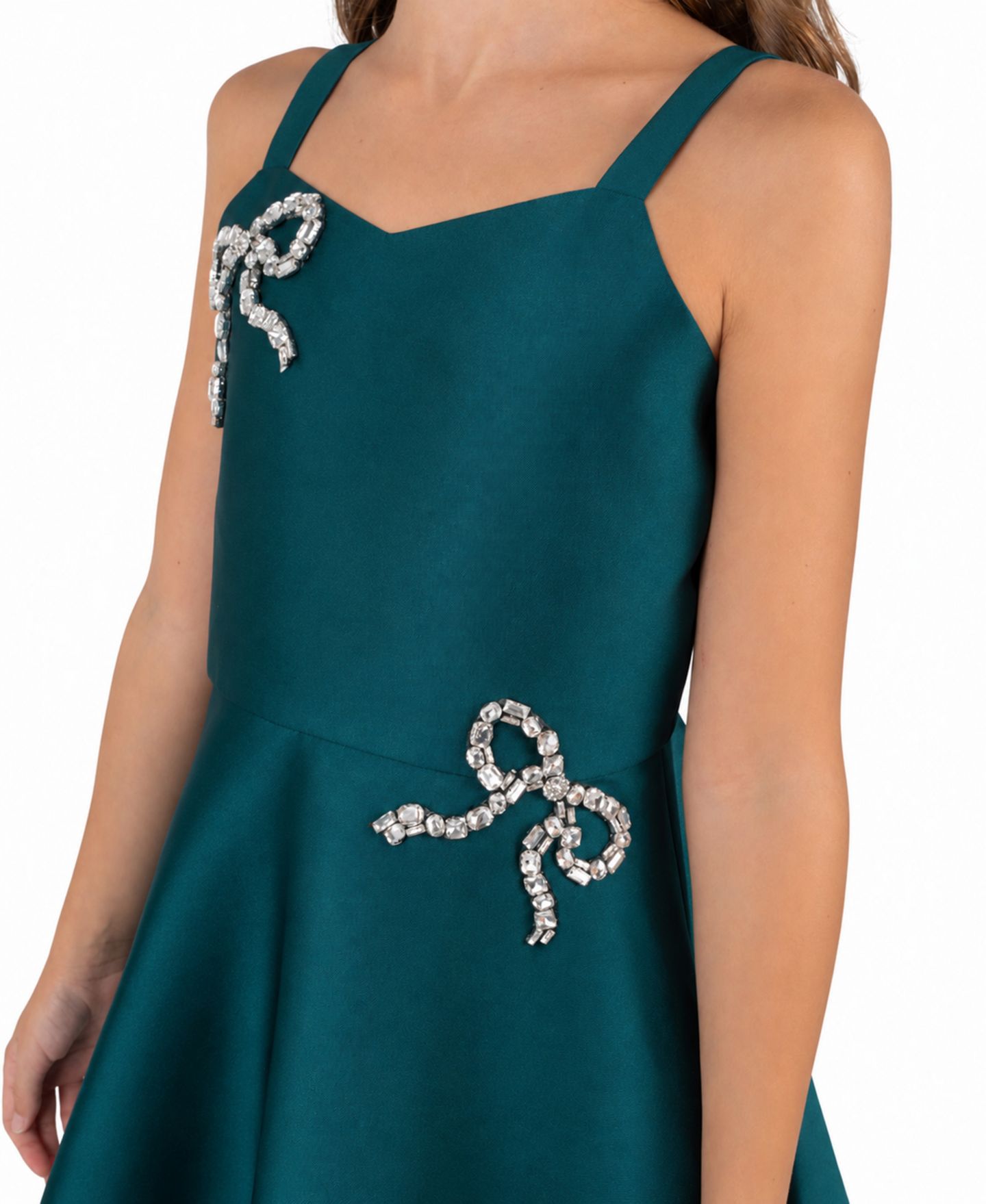 Платье Rare Editions Sweetheart Rhinestone-Bow Fit-and-Flare Mikado для девочек, цвет: Тёмно-зелёный — фото 3