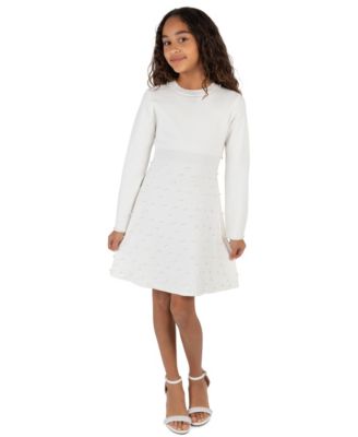Girls' 7-16 Sweater Knit Imitation Pearl Embellished Long-Sleeve Fit & Flare Dress
