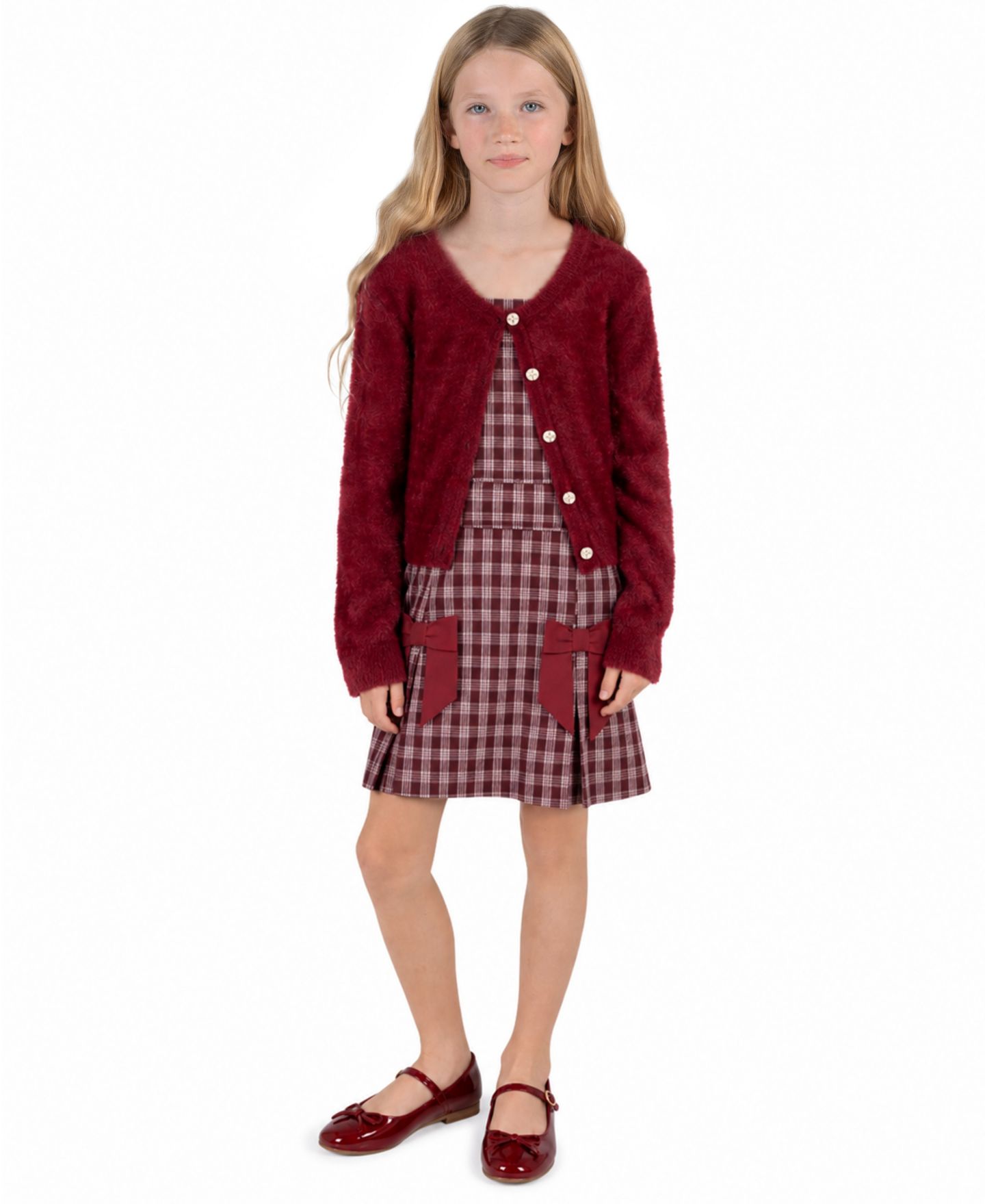Платья Rare Editions Fit-and-Flare Holiday Square neck Cardigan and Dress, 2-Piece Set для девочек, цвет: Бордовый — фото 1
