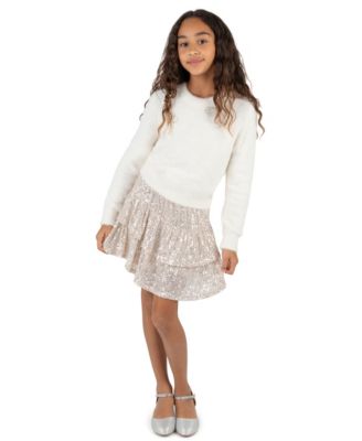 Girls' 7-16 Long-Sleeve Bow-Appliqu&eacute; Sequin Sweater and Skort, 2-Piece Set