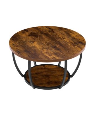 31.7 Inch Round Two Tier Coffee Table with Curved Metal Frame and Lower Shelf