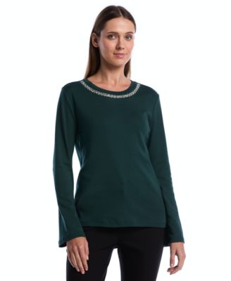Petite Embellished Crewneck Long-Sleeve Blouse
