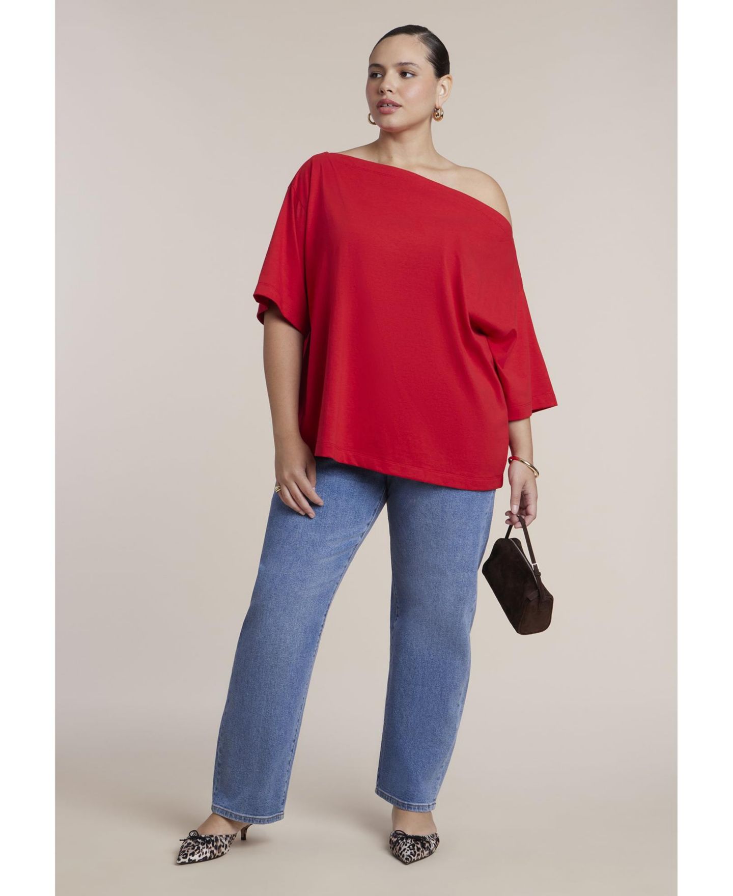 Женская футболка ELOQUII Plus Size Slouchy Oversized Dropped-Shoulder Boat-Neck, цвет: Вишнёвый — фото 4
