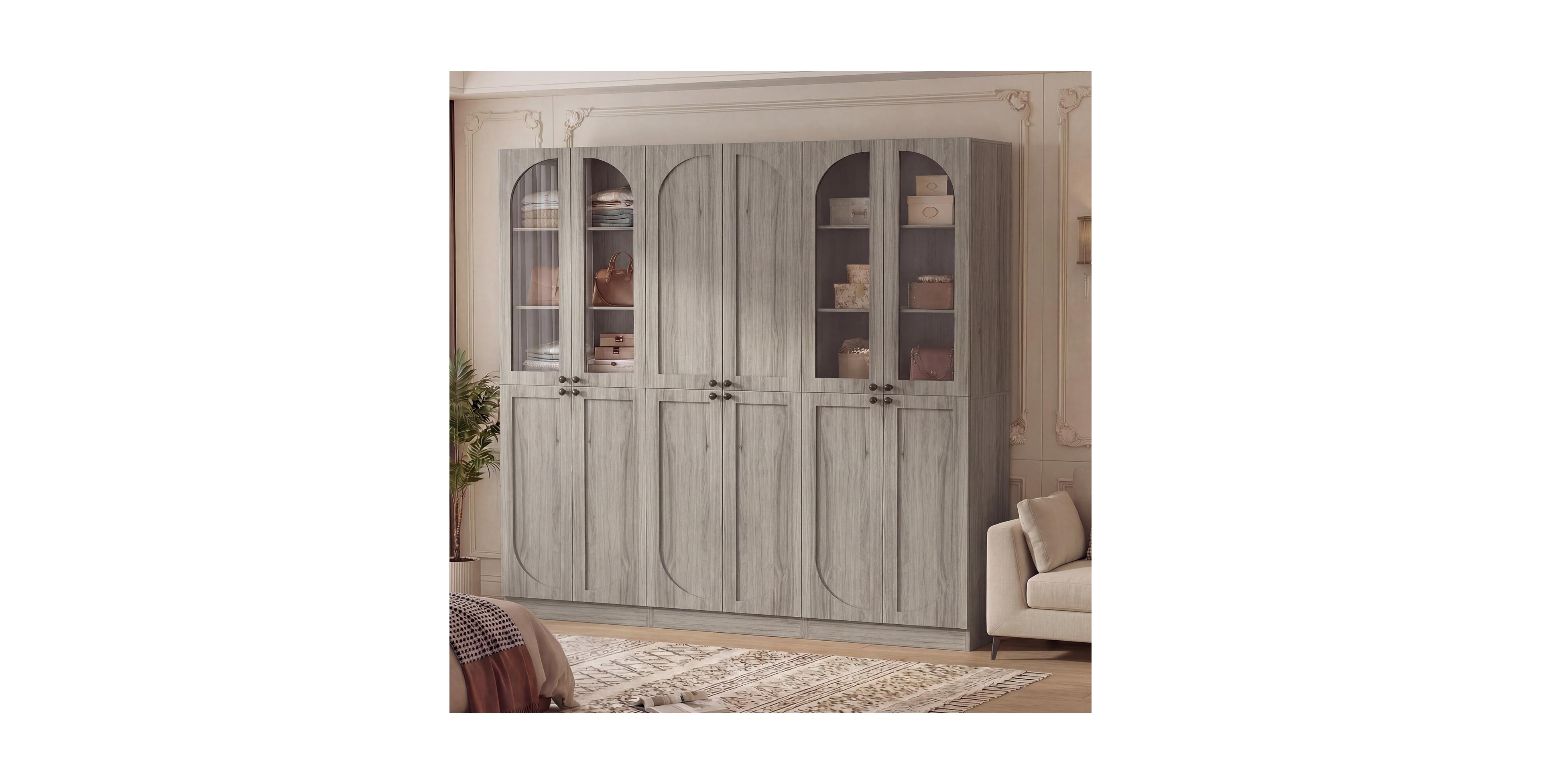 Aheaplus 80" Tall Arched Bookcase Set of 3 with 15-Shelves and Glass Doors