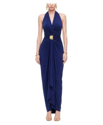 Women's Halter V-Neck Gold-Tone Buckle Detail Maxi Dress