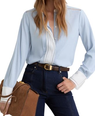 Women's Tipped Long-Sleeve Lace-Trim Pleated Shirt