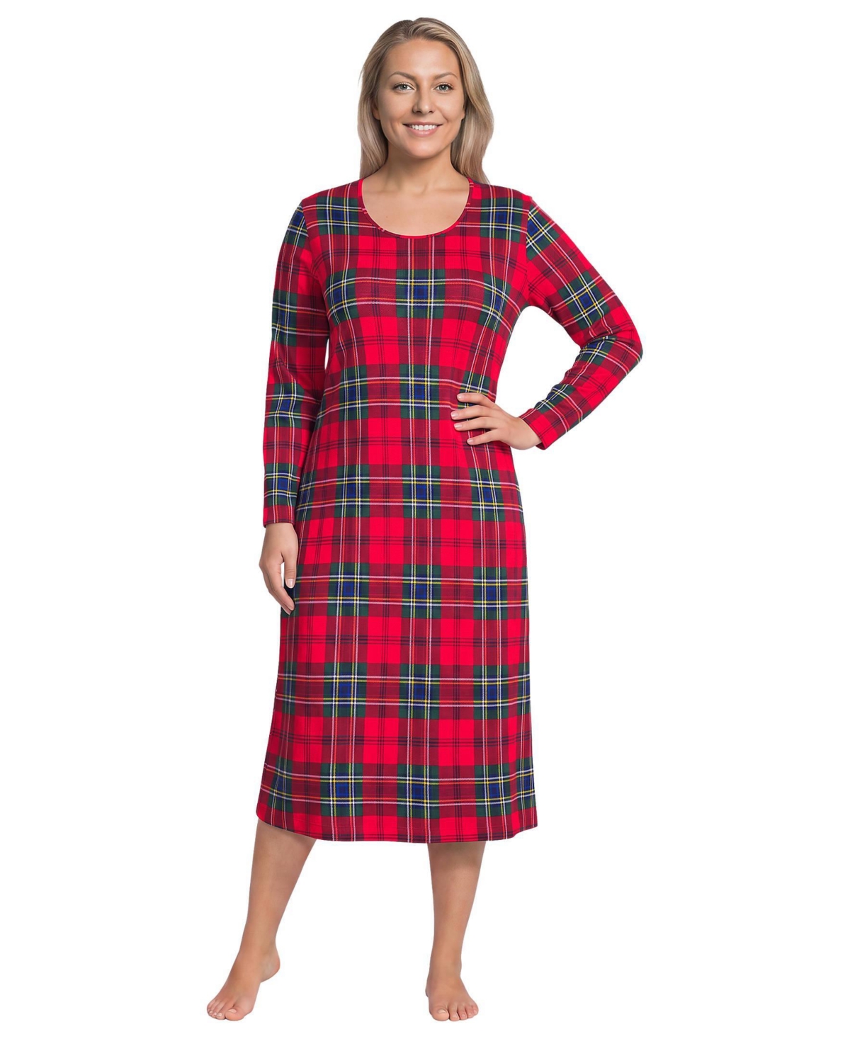 Lands' End Plus Size Cotton Long Sleeve Midcalf Nightgown - Compass red/pine plaid