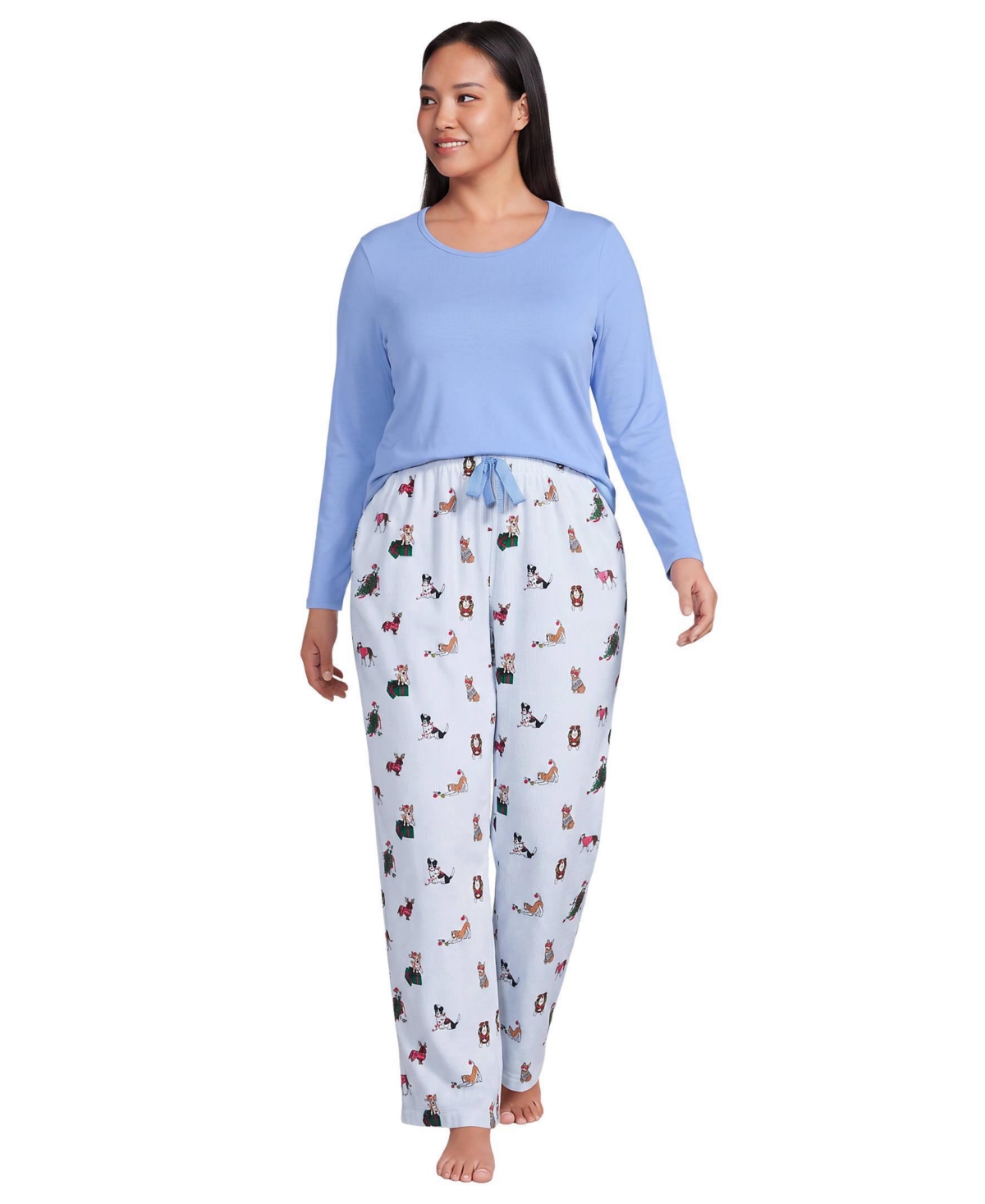 Lands' End Plus Size Pajama Gift Set - Knit Long Sleeve Top and Flannel Pants - Holiday dogs/blue stripe