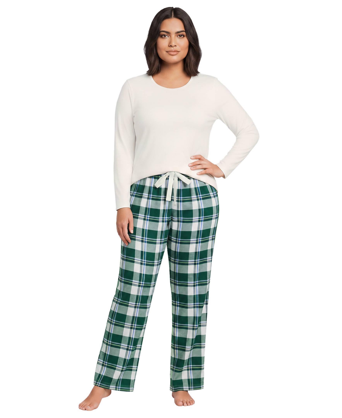 Lands' End Plus Size Pajama Gift Set - Knit Long Sleeve Top and Flannel Pants - Pine/ivory plaid