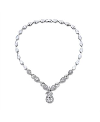 Vintage Style Teardrop Leaf CZ Statement V Collar Necklace Silver Plated